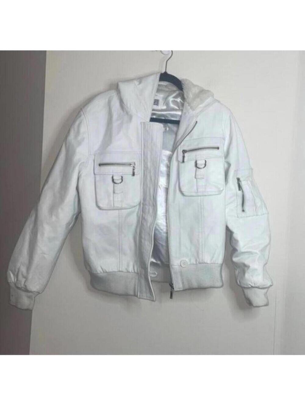 White 100% Leather Long Sleeve Bomber Jacket Faux Fur Hood Coat FLAWS